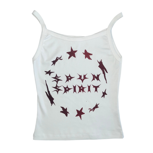 WARPED STARS CIRC TEXT CAMI : WHT